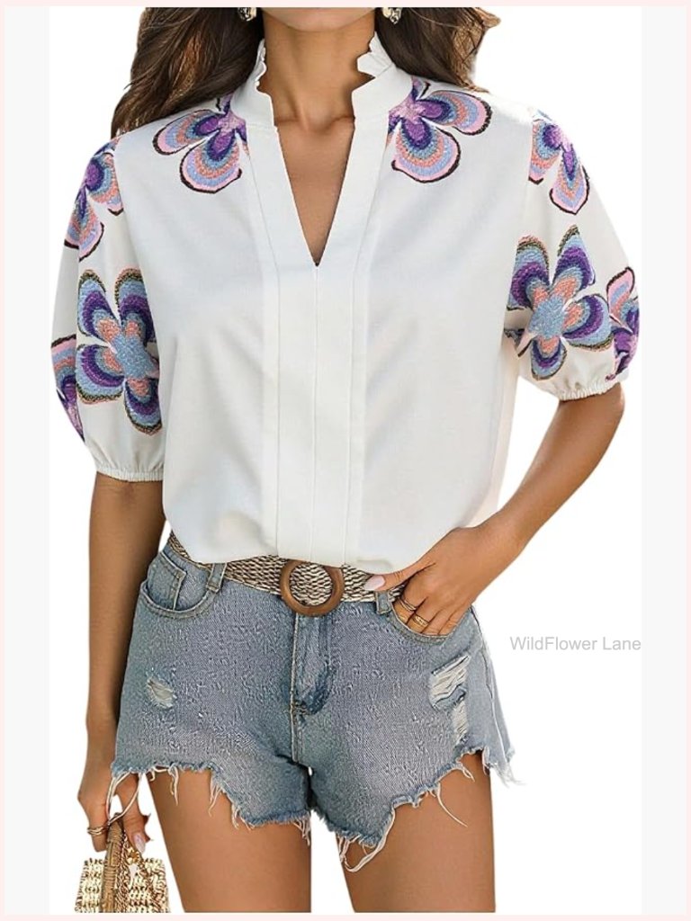 Floral Puff Sleeve V Neck Blouse Top Stand Collar